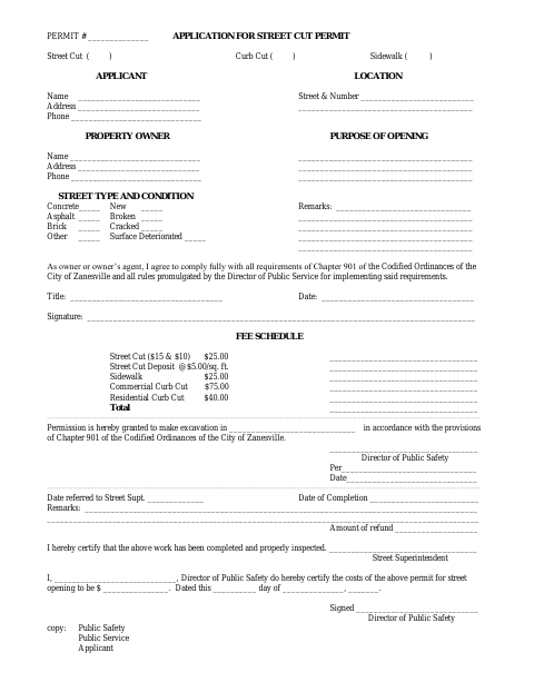 First page of the Application for Street Cut Permit