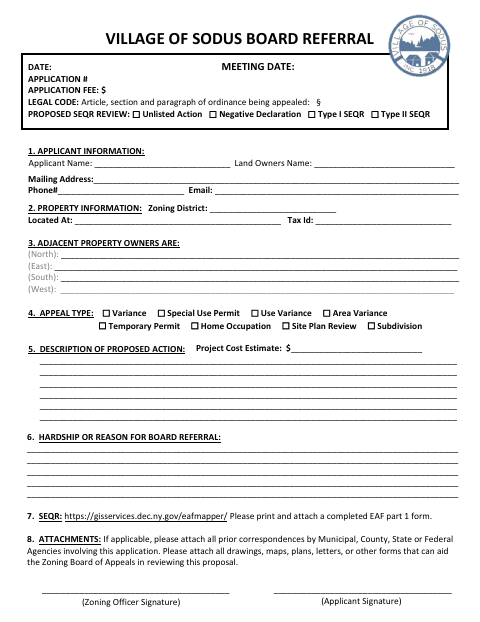 First page of the ZBA Referral Application
