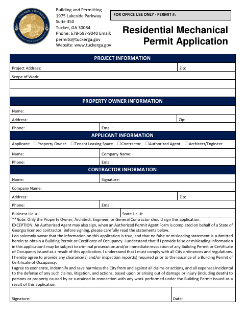 First page of the Residential Mechanical Permit Application