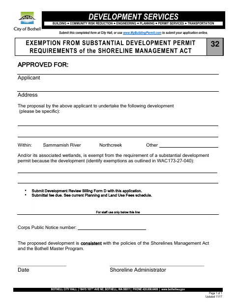 First page of the Exemption From Substantial Development Permit Requirements