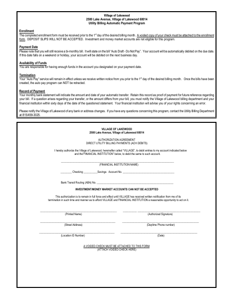 First page of the Utility Billing Automatic Payment Authorization