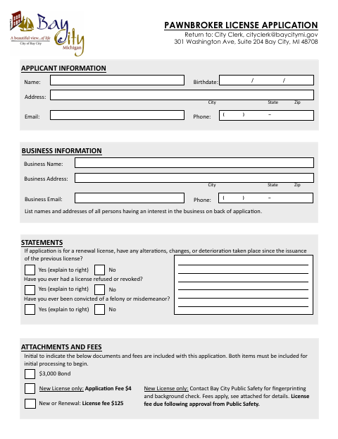 First page of the Pawnbroker License Application