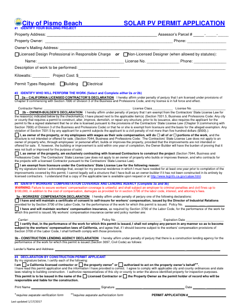 First page of the Solar PV Permit Application