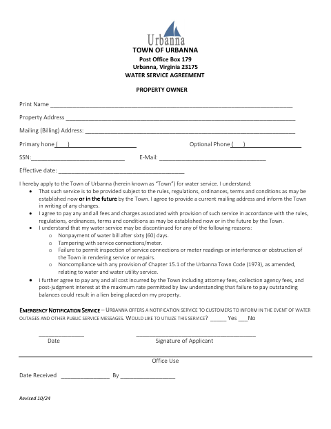First page of the Water Service Agreement Property Owner