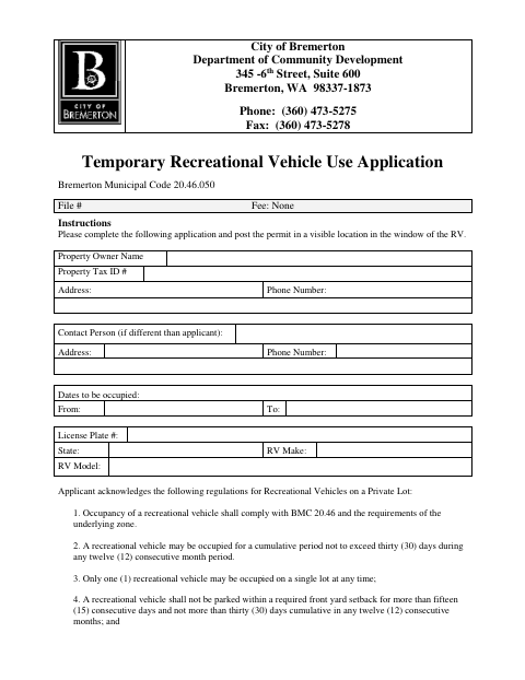 First page of the Temporary Recreational Vehicle Use Application