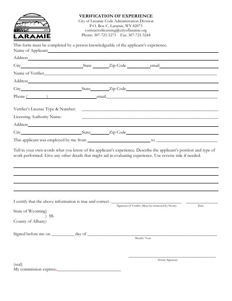 First page of the Verification of Experience