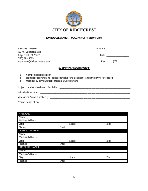 First page of the Zoning Clearance – Occupancy Review Form