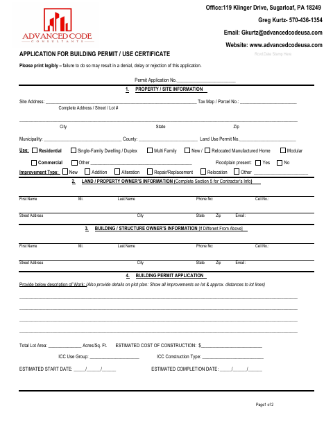 First page of the Application for Building Permit / Use Certificate