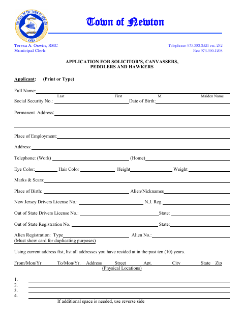 First page of the Solicitor’s, Canvassers, Peddlers and Hawkers Permit Application