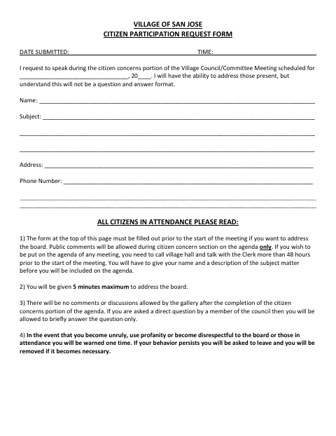 First page of the Citizen Participation Request Form