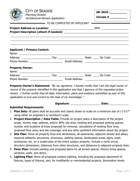First page of the Architectural Review Application
