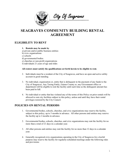 First page of the Seagraves Community Building Rental Agreement