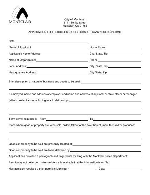 First page of the Application for Peddlers, Solicitors, or Canvassers Permit