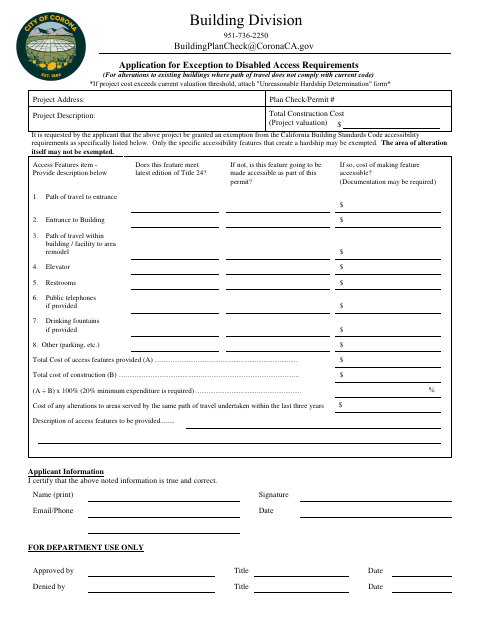 First page of the Application for Exception to Disabled Access Requirements