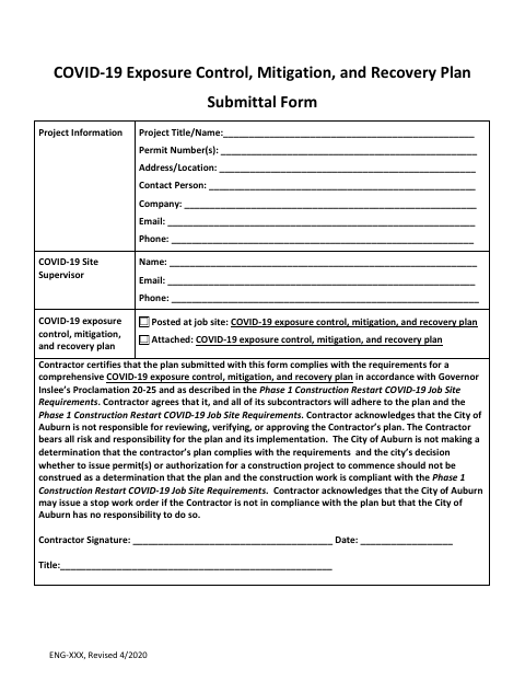 First page of the COVID-19 Exposure Control, Mitigation, and Recovery Plan Submittal Form