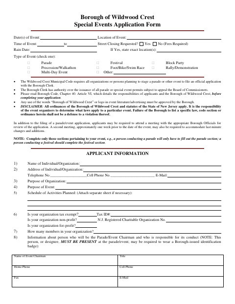 First page of the Special Events Application