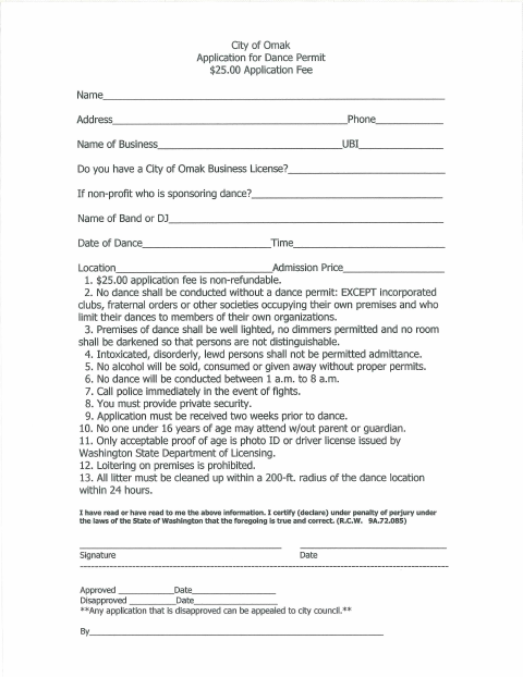 First page of the Dance Permit Application