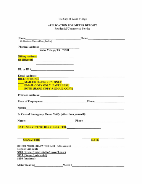 First page of the Application for Meter Deposit