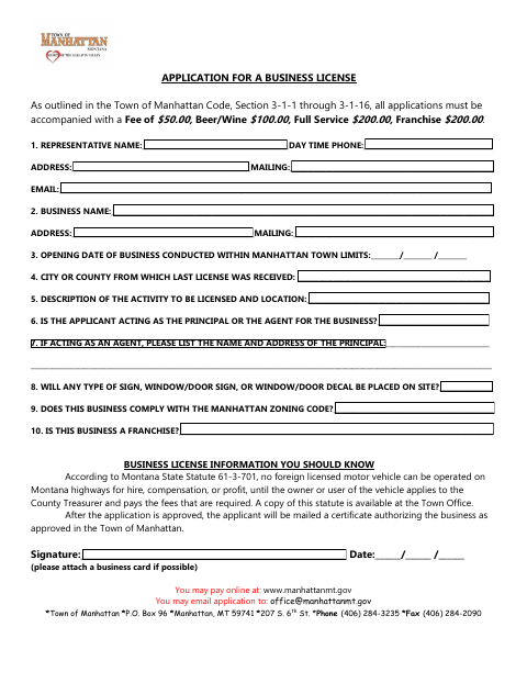 First page of the Business License Application