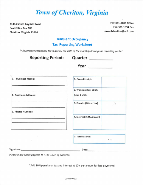 First page of the Transient Occupancy Tax Reporting Worksheet
