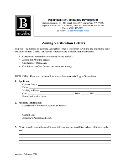 First page of the Zoning Verification Application
