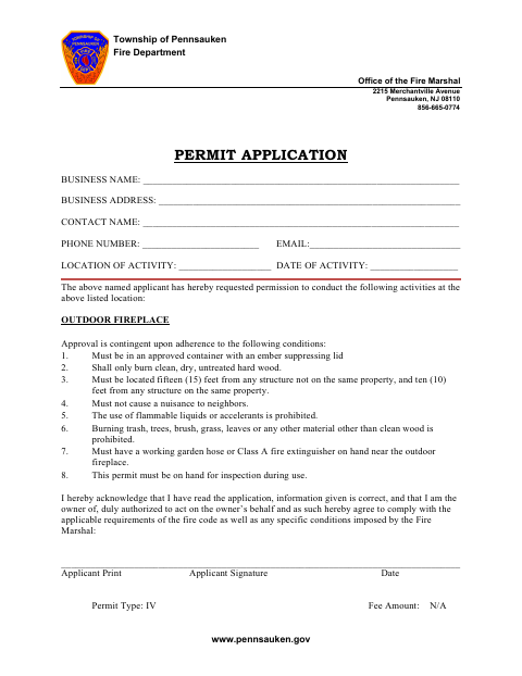 First page of the Outdoor Fireplace Permit Application