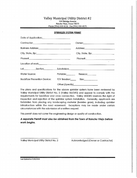 First page of the VMUD #2 New Sprinkler System Permit