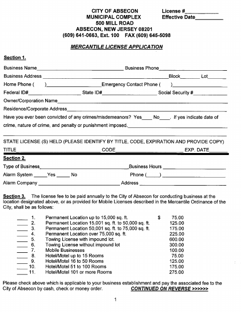 First page of the Mercantile License Application