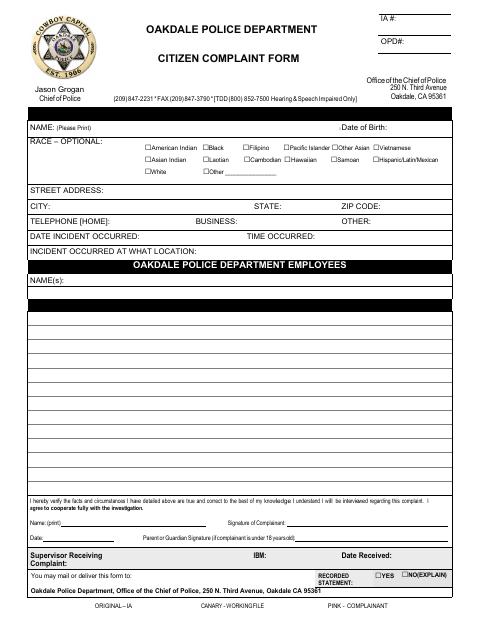 First page of the Citizen Complaint Form