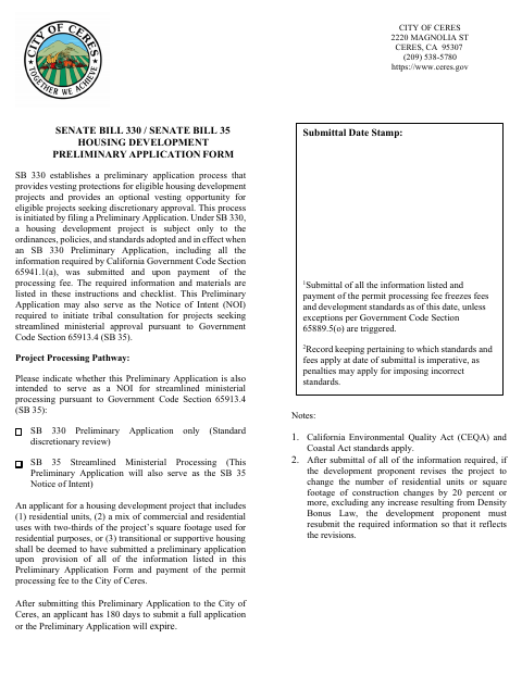 First page of the Senate Bill 330 / Senate Bill 35 Housing Development Preliminary Application Form