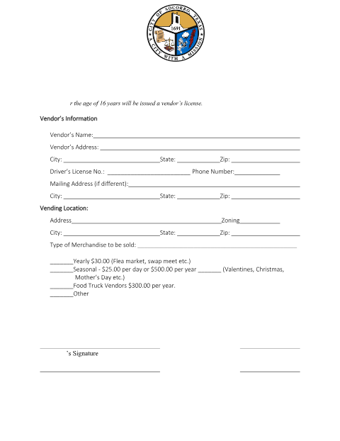 First page of the Vendor Registration Application