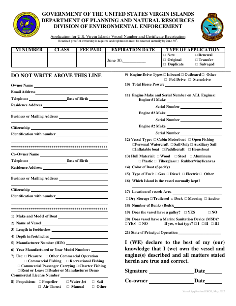 First page of the Application for U.S. Virgin Islands Vessel Number and Certificate Registration