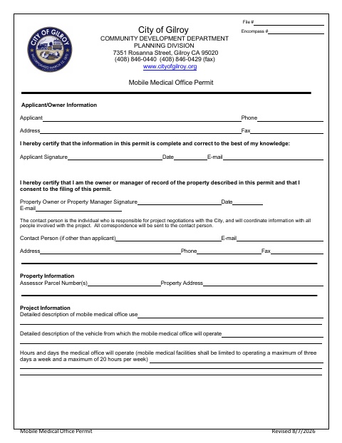 First page of the Mobile Medical Office Permit