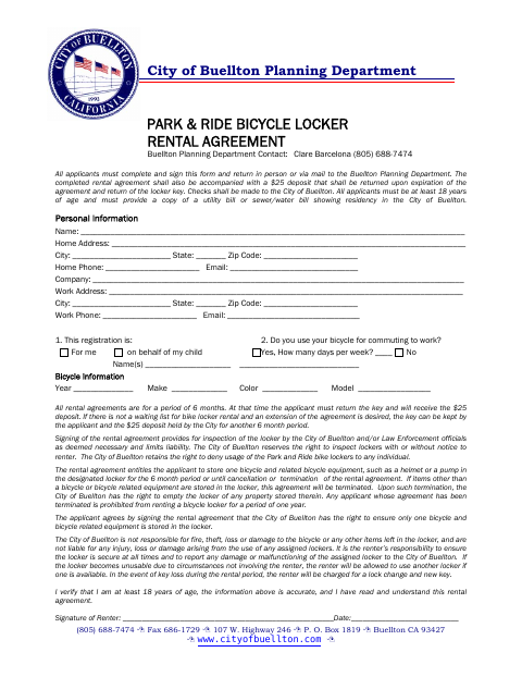 First page of the Park & Ride Bicycle Locker Rental Agreement