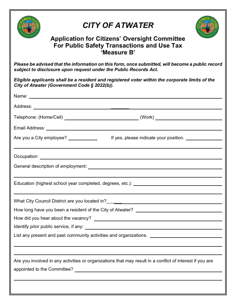 First page of the Citizens’ Oversight Committee Measure B Application