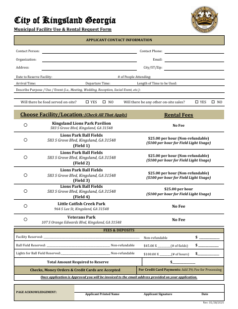First page of the Municipal Facility Use & Rental Request Form