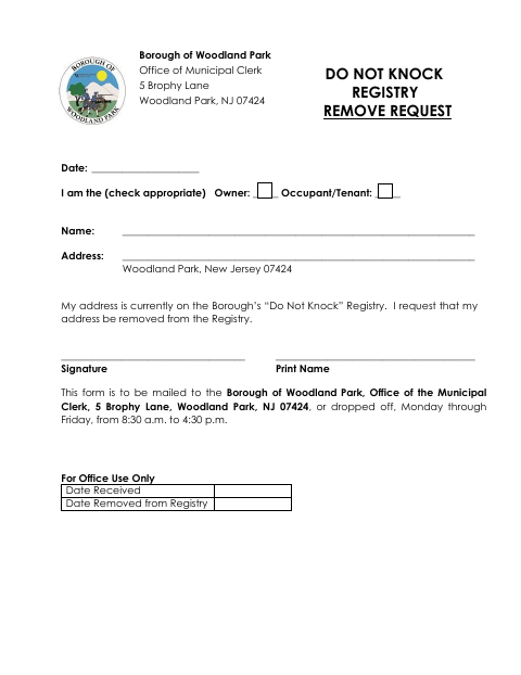 First page of the Do Not Knock Registry Remove Request