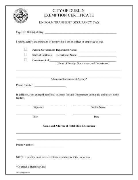 First page of the Exemption Certificate Uniform Transient Occupancy Tax
