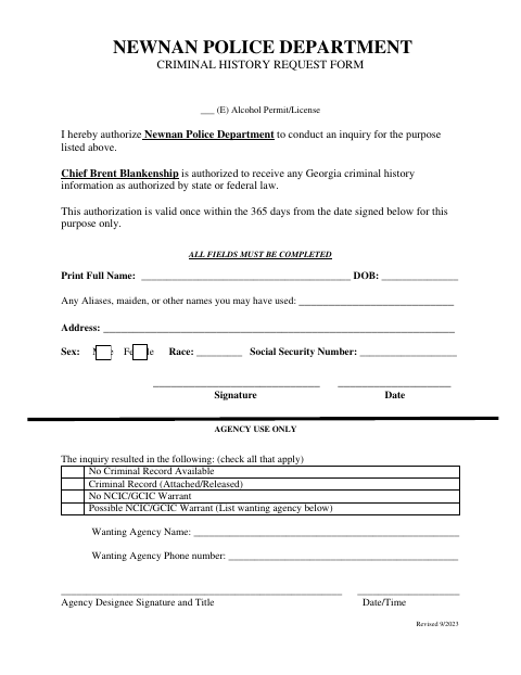 First page of the Criminal History Request Form