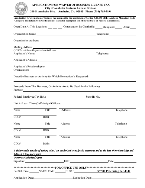 First page of the Application for Waiver of Business License Tax