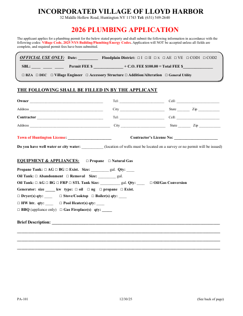First page of the Plumbing Application