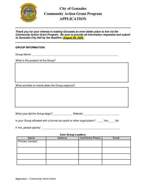First page of the Community Action Grant Application