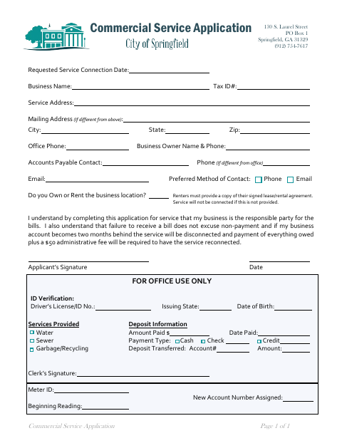 First page of the Commercial Service Application