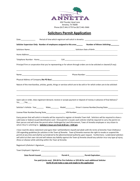 First page of the Solicitor's Permit Application