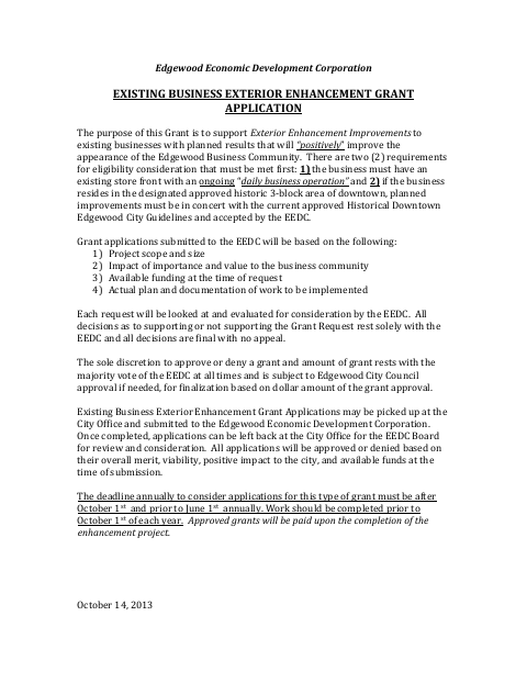 First page of the Existing Business Exterior Enhancement Grant Application