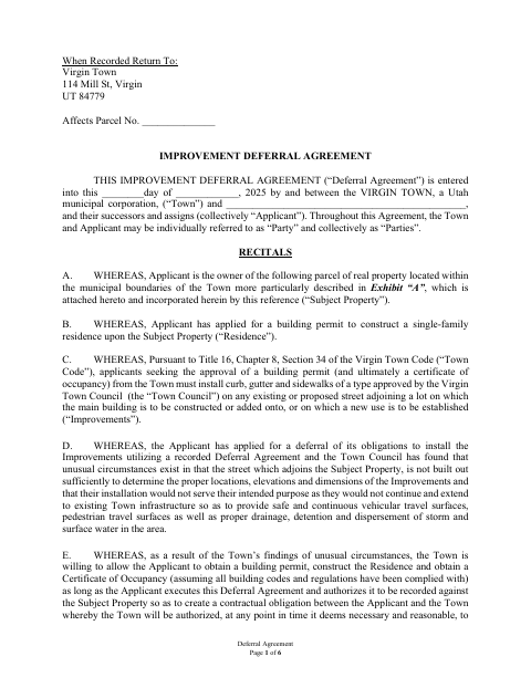 First page of the Improvement Deferral Agreement