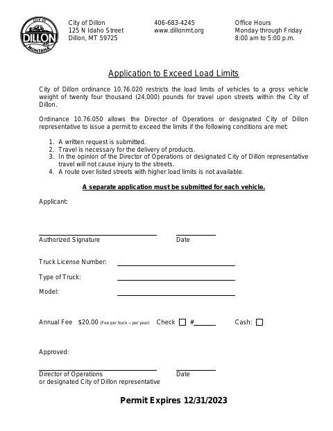 First page of the Application to Exceed Load Limits