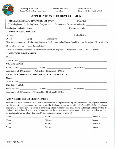 First page of the Planning Board Application