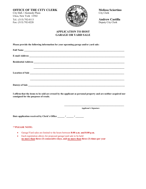 First page of the Application to Host Garage or Yard Sale