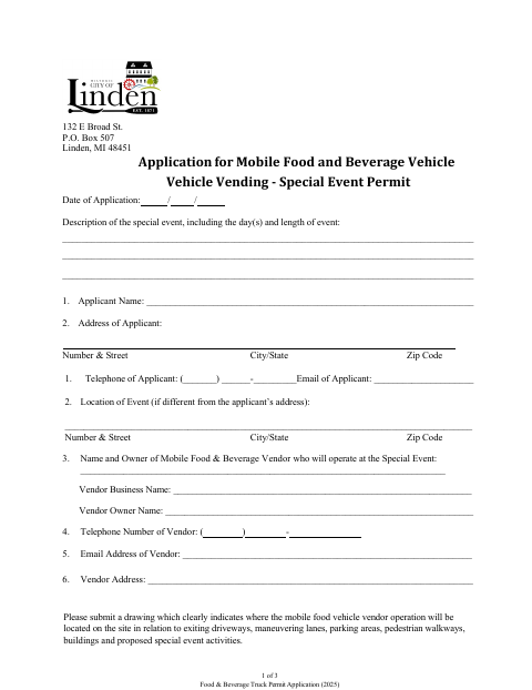 First page of the Application for Mobile Food and Beverage Vehicle Vending – Special Event Permit
